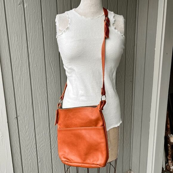 Handmade Handbags - VTG Cognac Orange Full Grain Leather Crossbody Bag Adjustable Strap Handmade